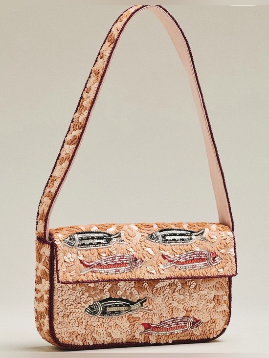 Anthropologie Handbags - NWT new Anthropologie Fiona beaded shoulder bag purse sardines pink tan beige